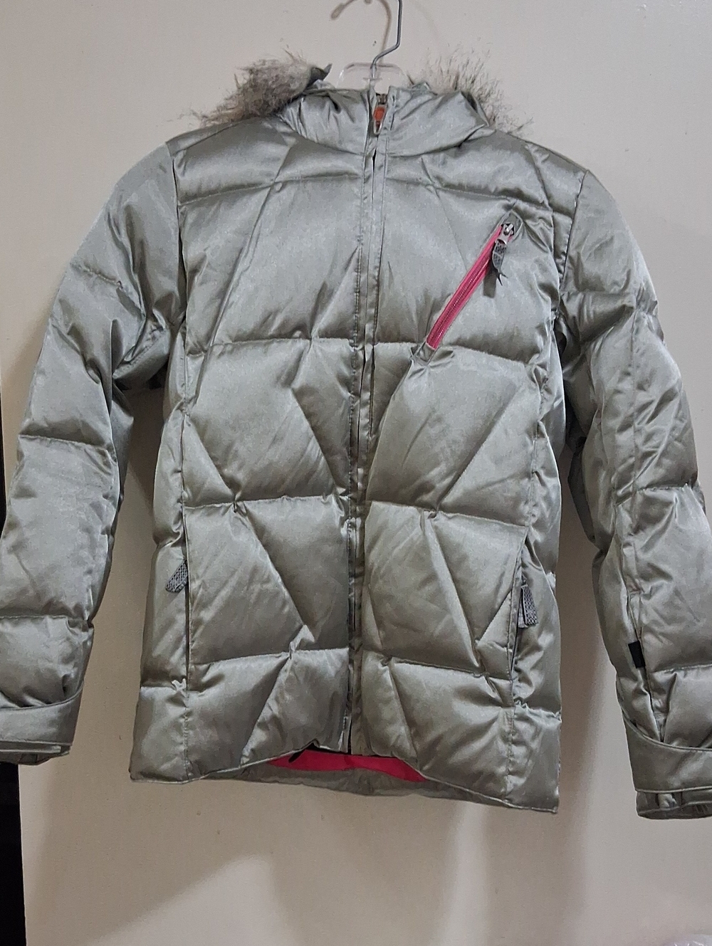 Spyder Silver Puffer Jacket with Pink Zip Accent Size 12